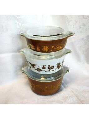 Vintage Pyrex Early American Small Casserole Set, 6-Piece Brown Gold 471 472 473